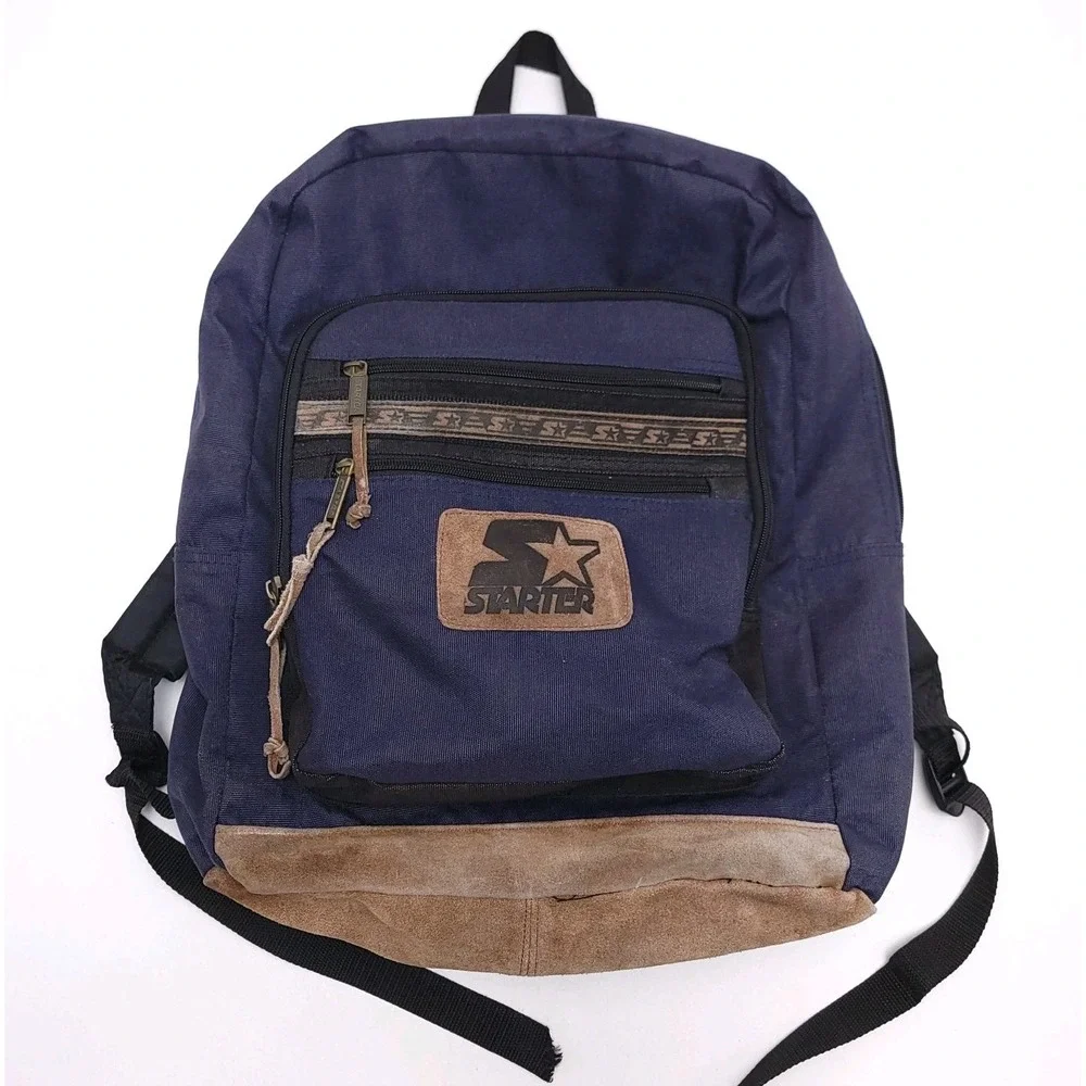 Vintage 90s Starter Backpack Dark Blue Suede Leather Bottom‎ Accents